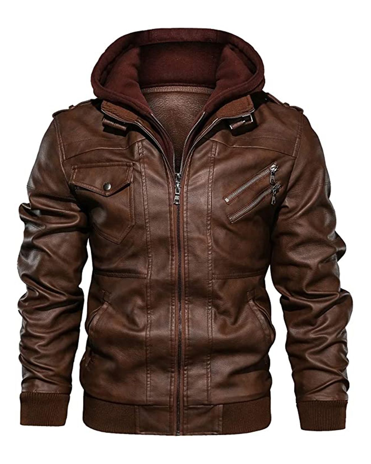 Shop Mens Detachable Hooded Biker Motorcycle Leather Jacket