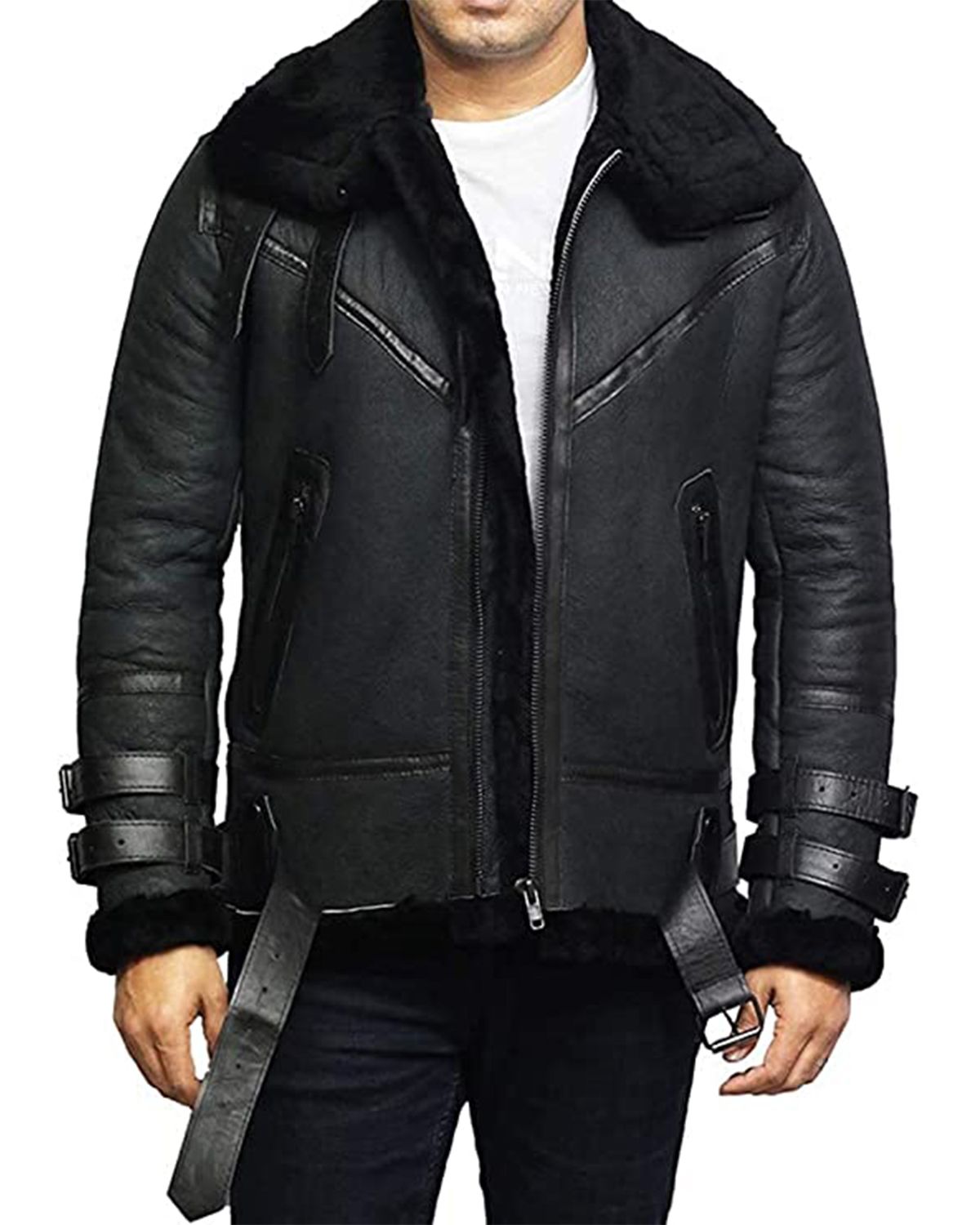 men's black leather aviator bomber jacket