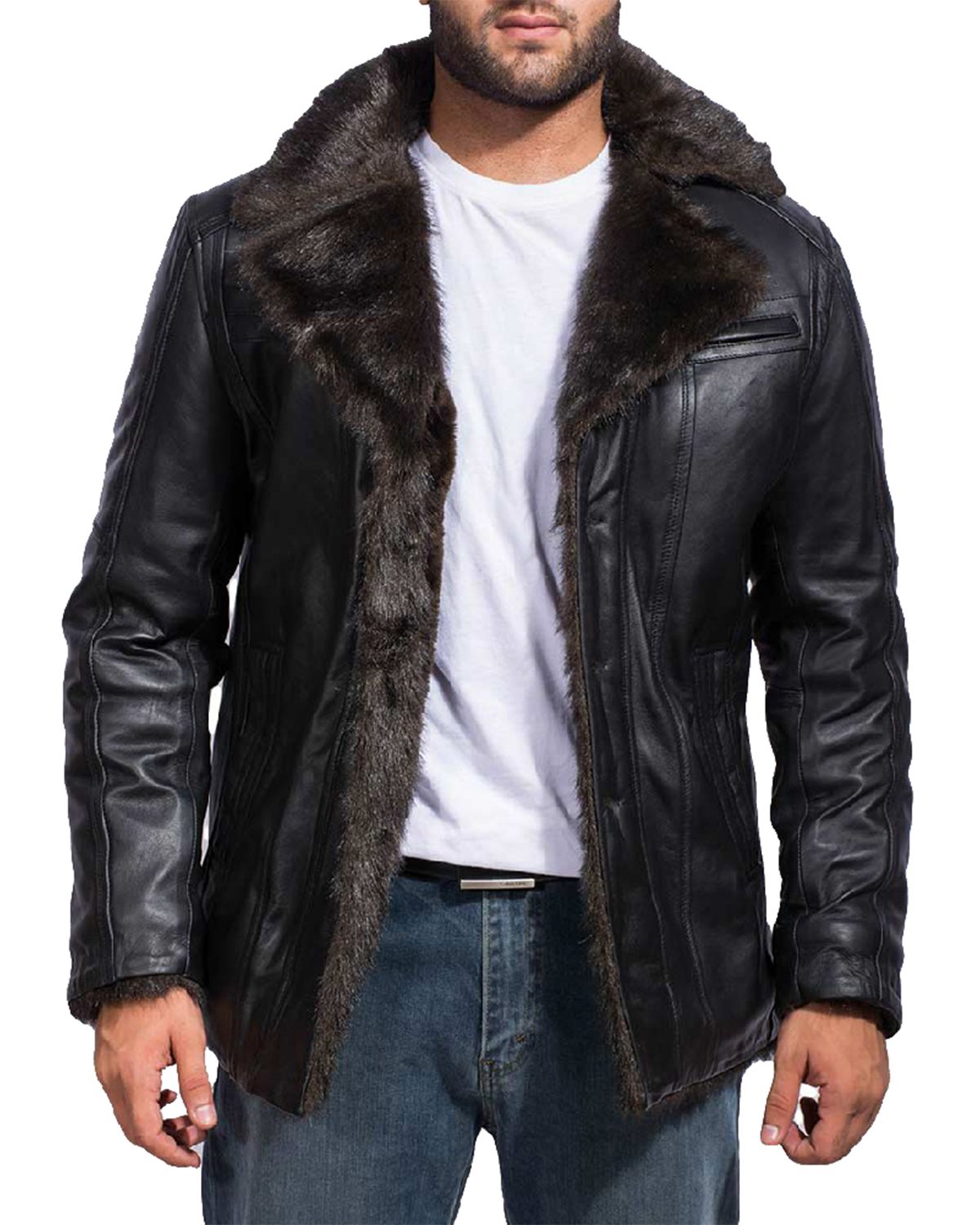Shop Mens Black Fur Collar Bomber Leather Jacket By Scin 