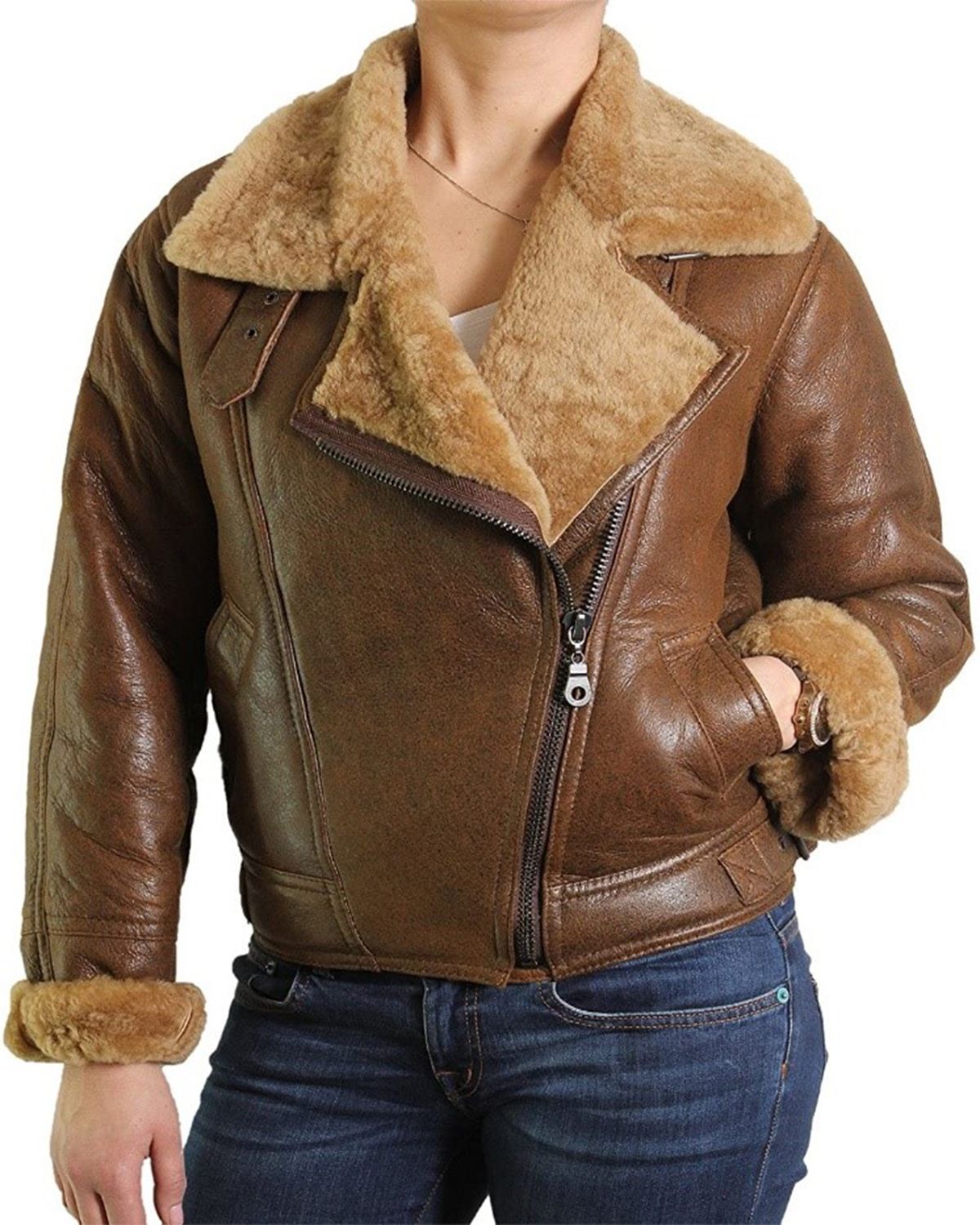 Shop Womens Fur Shearling Flying Bomber Aviator Leather Jacket