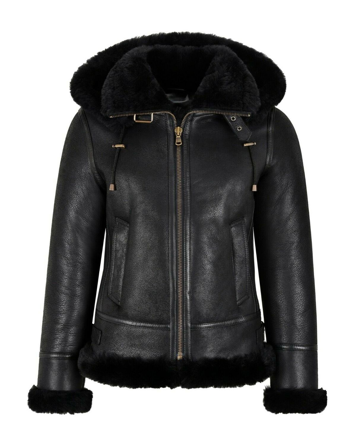 Womens B3 Bomber Hooded Classic Black Shearling Leather Jacket