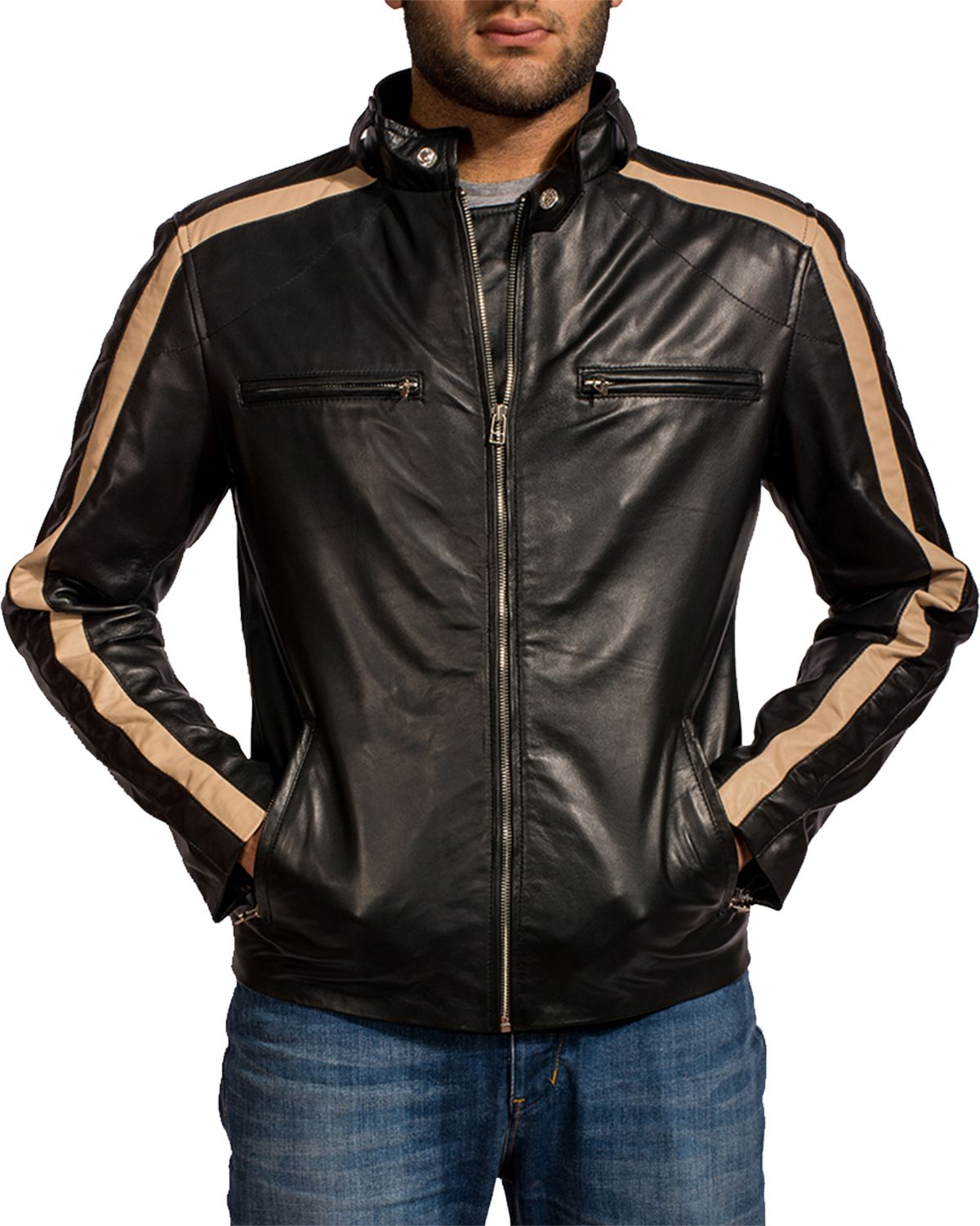 Men's Creame Stripes Black Biker Leather Jacket By SCIN