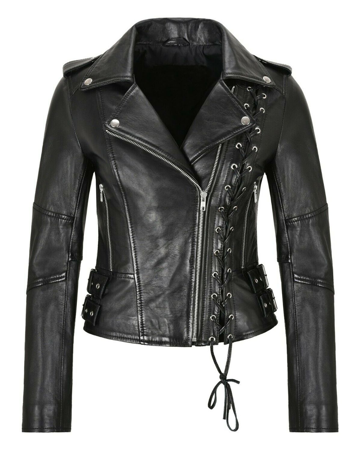Women's Stylish Side Laced Slim Fit Biker Leather Jacket